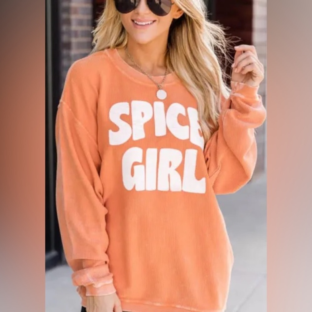 Pink Lily Chicka-D orange “Spice Girl” corded sweatshirt - Size Large.